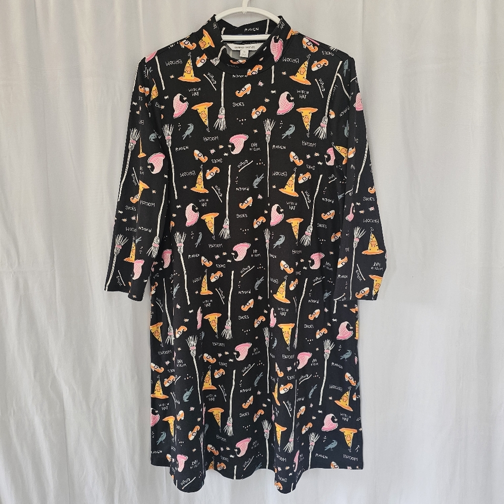 Celebrate Together  Halloween Broom Raven Hat Print Black Swing Dress Sz Medium